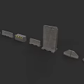 Gray Defensive Weapons Components Including Shields Barriers And Boxes With Yellow Warning Signs 3d model