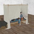 Single Bed with White Canopy Wooden Frame Traditional Attire Near Wooden Chest Lantern Green Cloth