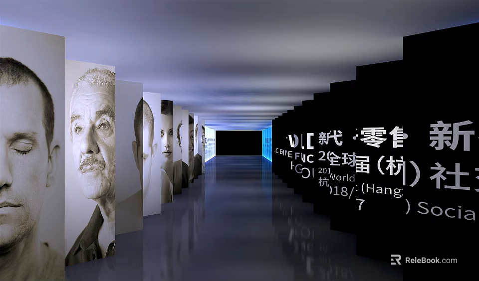 Exhibition Hall With Portrait Displays And IFC 21 Global Retail Illuminated Text In Hangzhou 3d model 