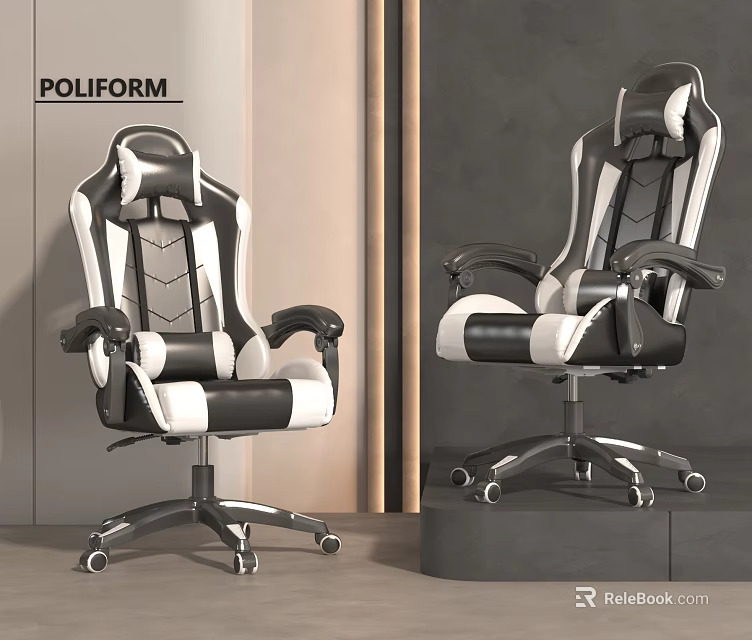 Two Modern Black White Gaming Chairs With Ergonomic Design And Wheels 3d model 