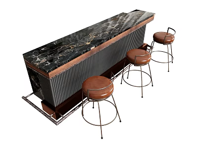 Modern Bar Counter With Black Marble Top Golden Veins And Brown Leather Stools 3d model