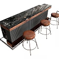 Modern Bar Counter With Black Marble Top Golden Veins And Brown Leather Stools