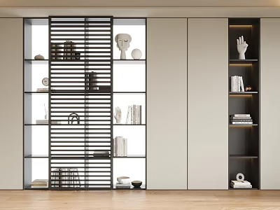 Modern Bookshelf Interior With Open Glass Doors Black Metal Frame And White Shelves 3d model