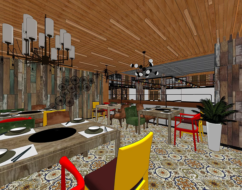 Hotpot Restaurant Interior With Wooden Ceiling Chandeliers Colorful Chairs Wooden Walls And Patterned Floor Tiles 3d model 