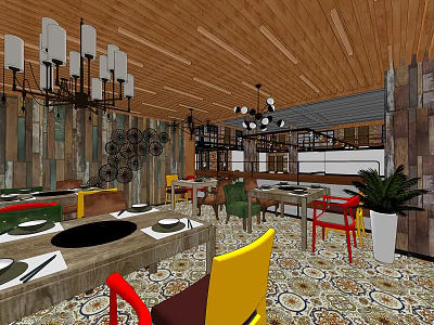 Hotpot Restaurant Interior With Wooden Ceiling Chandeliers Colorful Chairs Wooden Walls And Patterned Floor Tiles 3d model