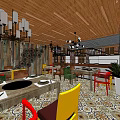 Hotpot Restaurant Interior With Wooden Ceiling Chandeliers Colorful Chairs Wooden Walls And Patterned Floor Tiles