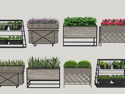 Multiple Styles Flower Planters With Wooden Metal Frames Colorful Flowers And Green Plants 3d model