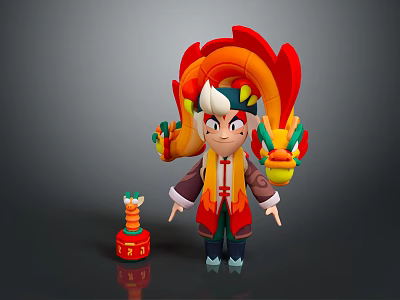 Animated Character With Dragon Themed Headdress And Traditional Outfit Beside Small Red Ornament 3d model