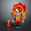 Animated Character With Dragon Themed Headdress And Traditional Outfit Beside Small Red Ornament