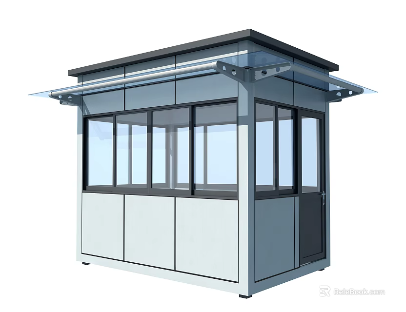 Modern Security Booth With Glass Windows Gray Roof And White Walls 3d model 