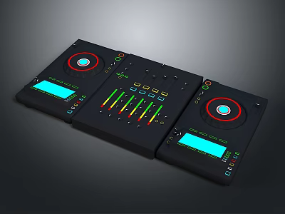 Professional Commercial Audio Control Equipment with Black Panel Circular Knobs Slider Controls and Blue Displays 3d model