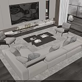 Modern Light Beige Sofa And Dark Wooden Coffee Table Set With Magazines And Armchairs