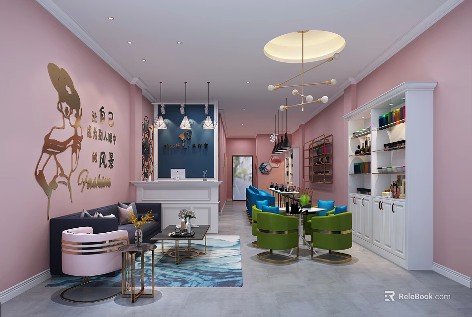 Beauty Hair Salon Interior Design With Pink Walls Green Chairs Sofa Counter And Bookshelves 3d model 