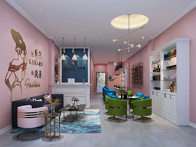 Beauty Hair Salon Interior Design With Pink Walls Green Chairs Sofa Counter And Bookshelves 3d model