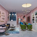 Beauty Hair Salon Interior Design With Pink Walls Green Chairs Sofa Counter And Bookshelves