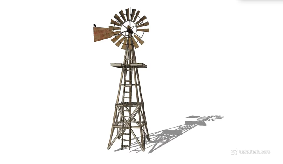 Wooden Windmill With Blades Ladder Structure And Shadow On White Background 3d model 