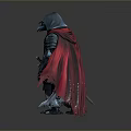 Hooded Man in Armored Attire with Flowing Red Cape Holding Sword