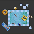 Cartoon Scene With Swimming Pool People Swimming And Relaxing Inflatable Toys And Blue Chairs