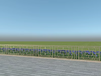 Ornate Metal Railings Along Wooden Floor With Blue Flowers And Green Grassland Under Blue Sky 3d model
