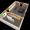 Traditional Exhibition Hall Interior With Wooden Ceiling Display Platforms And Chinese Signage