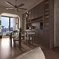 Modern Living and Dining Room Interior With Black Leather Sofa Armchair Ceiling Fan and Decorative Art