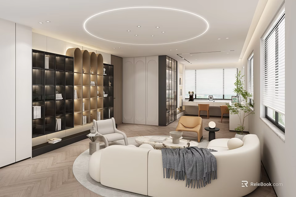 Modern Living And Dining Room Interior With White Sofa Bookshelf Rug And Large Window 3d model 