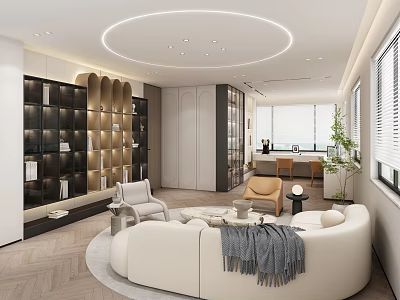 Modern Living And Dining Room Interior With White Sofa Bookshelf Rug And Large Window 3d model