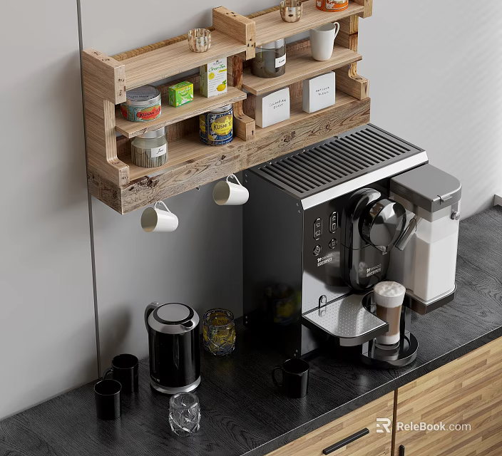 Black Kitchen Countertop With Coffee Maker Wooden Shelf Insulated Cups Mugs And Wooden Cabinets 3d model 