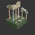 Classical Architectural Model Featuring White Columns Green Base And Decorative Tops With Small Stones