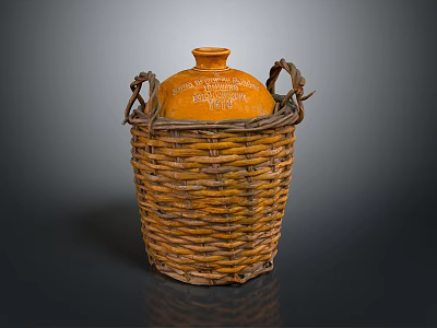 Traditional Household Orange Clay Pot in Woven Basket with Handles 3d model