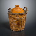 Traditional Household Orange Clay Pot in Woven Basket with Handles