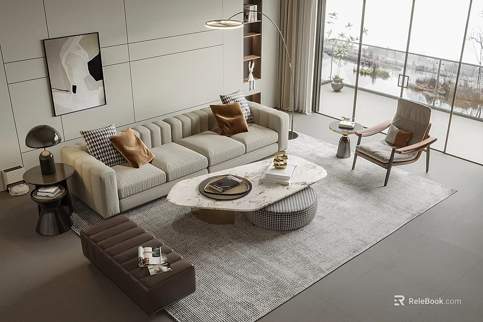 Modern Light Gray Sofa And Marble Coffee Table Set With Pillows Gray Rug Floor Lamp 3d model 