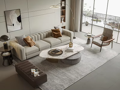 Modern Light Gray Sofa And Marble Coffee Table Set With Pillows Gray Rug Floor Lamp 3d model