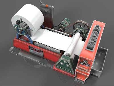 Industrial Reel Processing Machine With White Reel Rollers Red Frame And Green Components 3d model