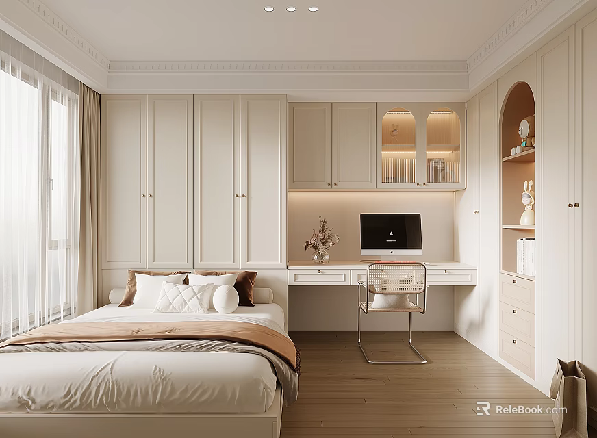 Tatami Bedroom With White Cabinetry Desk Computer Beige Bedding And Window 3d model 