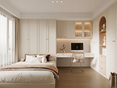 Tatami Bedroom With White Cabinetry Desk Computer Beige Bedding And Window 3d model