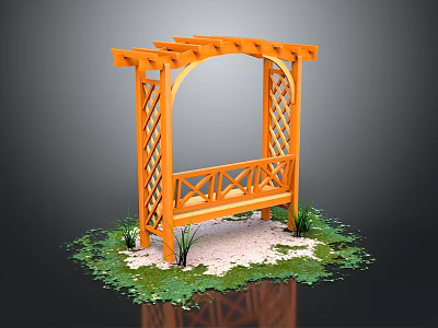 Wooden Pergola With Lattice Sides and Bench Surrounded by Green Plants and White Gravel 3d model