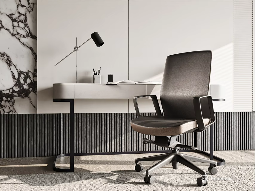 Modern Desk With Ergonomic Chair Table Lamp Stationery And Marble Wall 3d model 