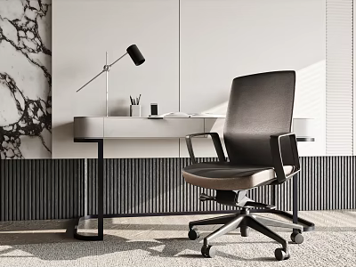 Modern Desk With Ergonomic Chair Table Lamp Stationery And Marble Wall 3d model