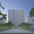 Modern High Rise Residential Building Surrounded by Greenery Trees and Community Landscape