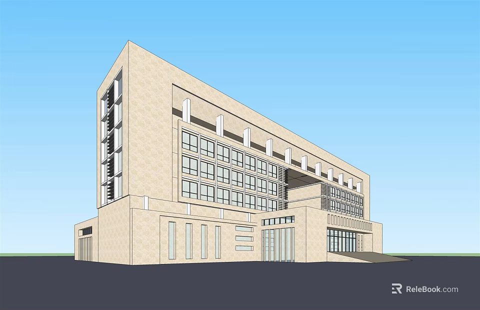Modern Office Building Exterior With Large Glass Windows And Stone Facade Design 3d model 