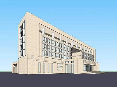 Modern Office Building Exterior With Large Glass Windows And Stone Facade Design 3d model