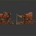 Vintage Red Carriages With Canvas Awnings Wooden Wheels And Small Tables