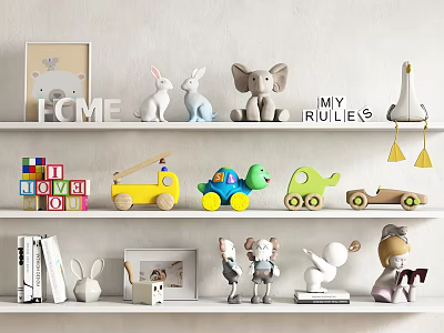 Cute Plush Animal Toys Arranged On Shelves For Home Decor 3d model