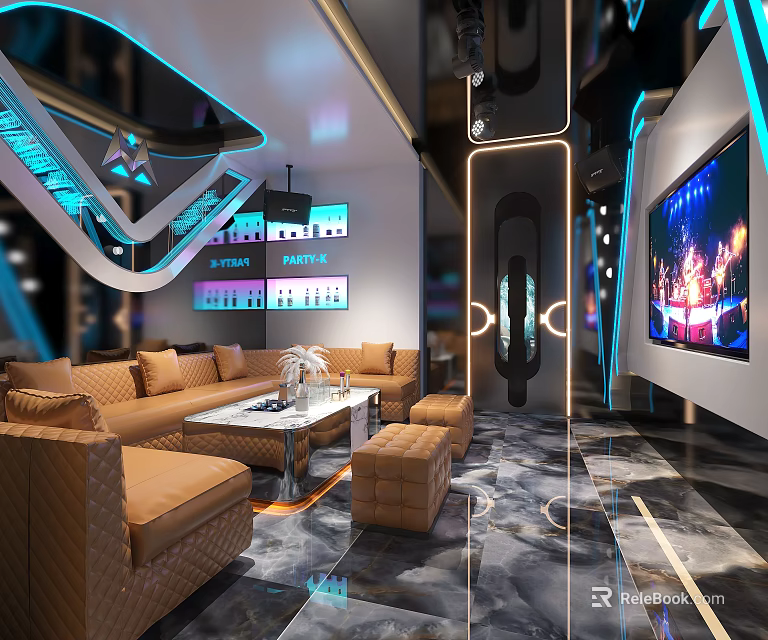 Modern Luxury KTV Interior Design With Comfortable Sofa Large TV And Stylish Lighting 3d model 