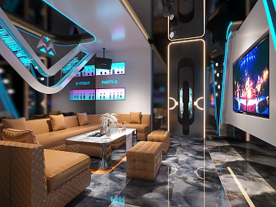 Modern Luxury KTV Interior Design With Comfortable Sofa Large TV And Stylish Lighting 3d model