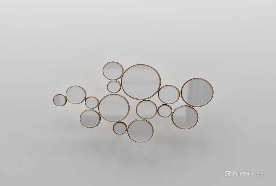 Elegant Circular Wall Decor with Various Sizes and Metallic Frames on White Wall 3d model 