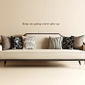 Modern Three Seater Beige Sofa With Black Armrests Legs And Various Pattern Pillows 3d model
