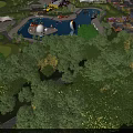 Scenic Amusement Park With Round Fountain Green Lawn Walking Paths And Trees