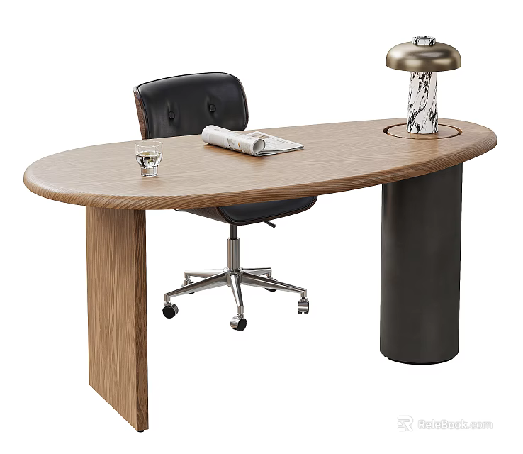 Wooden Oval Desk And Black Leather Chair With Glass Magazine And Marble Base Table Lamp 3d model 